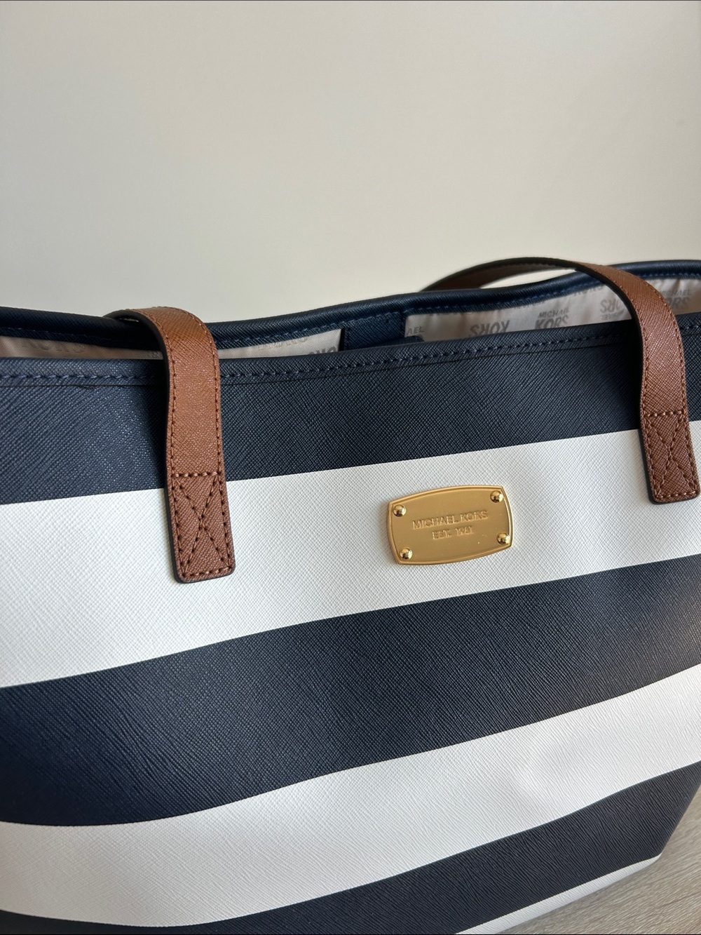 Michael Kors Jet Set Tote - Navy & White Striped Tote with Brown Leather Handles - Picture 2 of 7